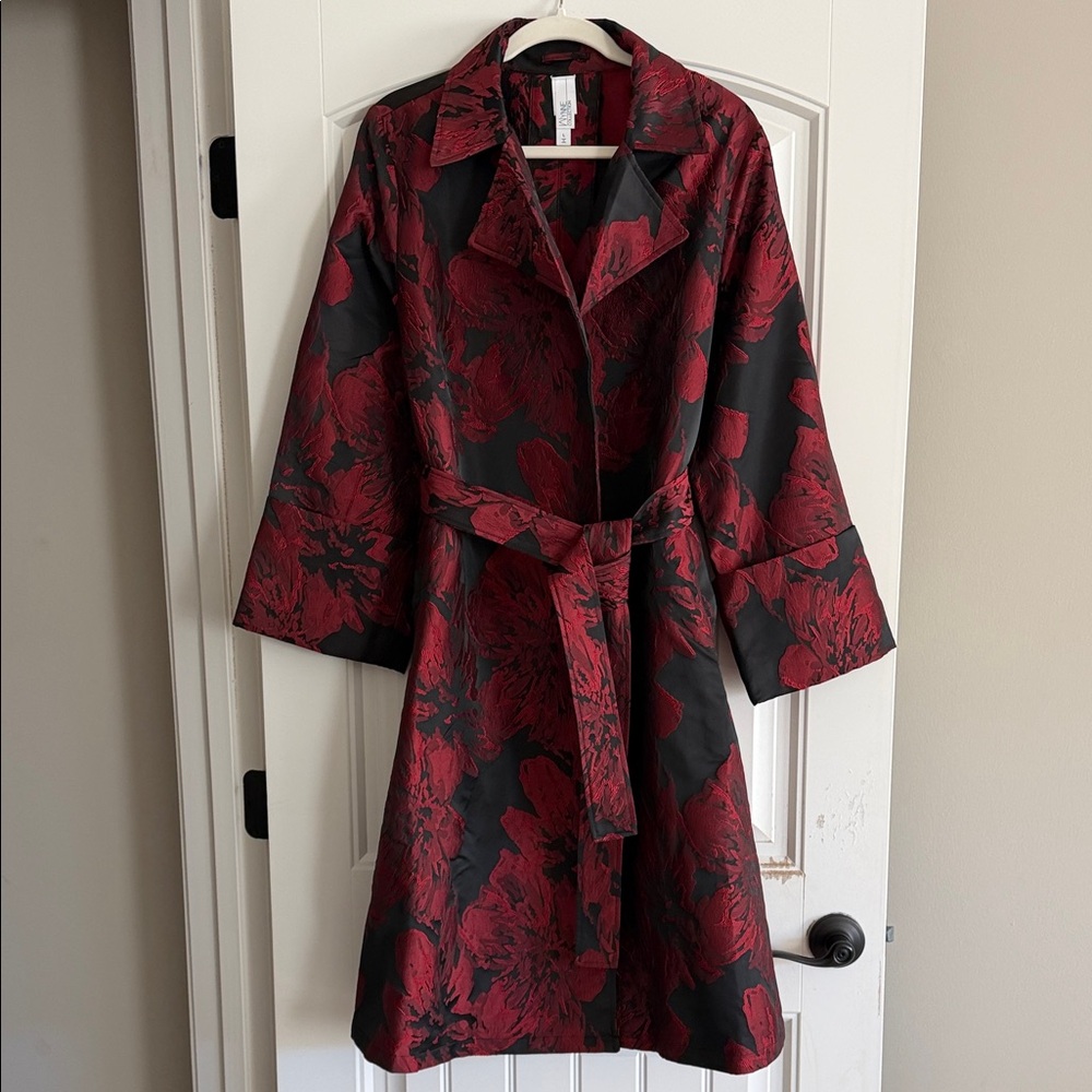 Chic Black and Red Floral Trench Coat
